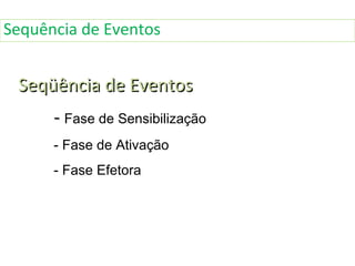 Seqüência de EventosSeqüência de Eventos
-- Fase de Sensibilização
- Fase de Ativação
- Fase Efetora
Sequência de Eventos
 
