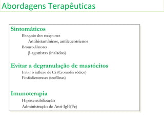 Abordagens Terapêuticas
Sintomáticos
Bloqueio dos receptores
Antihistamínicos, antileucotrienos
Broncodilatores
β-agonistas (inalados)
Evitar a degranulação de mastócitos
Inibir o influxo de Ca (Cromolin sódico)
Fosfodiesterases (teofilinas)
Imunoterapia
Hiposensibilização
Administração de Anti-IgE(Fc)
Sintomáticos
Bloqueio dos receptores
Antihistamínicos, antileucotrienos
Broncodilatores
β-agonistas (inalados)
Evitar a degranulação de mastócitos
Inibir o influxo de Ca (Cromolin sódico)
Fosfodiesterases (teofilinas)
Imunoterapia
Hiposensibilização
Administração de Anti-IgE(Fc)
 