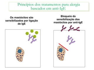 Princípios dos tratamentos para alergia
baseados em anti-IgE
Princípios dos tratamentos para alergia
baseados em anti-IgE
Os mastócitos são
sensibilizados por ligação
de IgE
Bloqueio da
sensibilização dos
mastócitos por anti-IgE
 