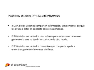 Psychology of sharing (NYT 2011) ESTAR JUNTOS
• el 78% de los usuarios comparten información, simplemente, porque
les ayuda a estar en contacto con otras personas.
• El 78% de los encuestados usa enlaces para estar conectados con
gente con la que no tendrían contacto de otro modo.
• El 73% de los encuestados comentan que compartir ayuda a
encontrar gente con intereses similares.
 