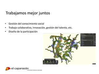 Trabajamos mejor juntos
• Gestión del conocimiento social
• Trabajo colaborativo, innovación, gestión del talento, etc.
• Diseño de la participación
 