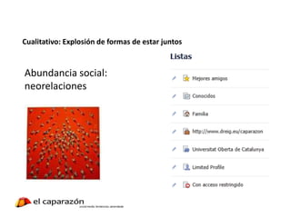 Abundancia social:
neorelaciones
Cualitativo: Explosión de formas de estar juntos
 