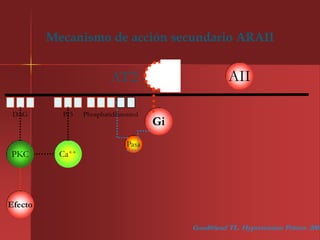 Mecanismo de acción secundario ARAII


                           AT2                           AII

 DAG       PI3    Phosphatidilinositol
                                         Gi
                                 Pasa
PKC        Ca++




Efecto

                                              Goodfriend TL. Hypertension Primer. 2003
 