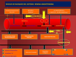 NIVELES DE BLOQUEO DEL SISTEMA RENINA ANGIOTENSINA


 ANGIOTENSINOGENO                  RENINA                              ALDOSTERONA
      HIGADO                       RIÑON                           CORTEZA SUPRARRENAL*

                                       ALISKIREN

                          RENINA                       IECA


        ANGIOTENSINOGE          ANGIOTENSINA          ANGIOTENSINA II        ALDOSTERONA
                                I


                                                                             ARA
                                                                             II
ACTIVACION OTRAS             PROLIFERACION
                                                          VASOCONSTRICCION
NEUROHORMONAS                  FIBROSIS



                                                                               ESPIRONOLACTONA




                                                                        Na+            H2O
Captación Norepinefrina
                                                       Depósitos
                              Disfunción Endotelial    Colágeno
Variabilidad FC
                                                                        K+             Mg++
Disfunción Barorreptor
 