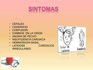 • CEFALEA
• CANSANCIO
• CONFUSION
• CAMBIOS EN LA VISION
• ANGINA DE PECHO
• INSUFICIENCIA CARDIACA
• HEMMORAGIA NASAL
• LATIDOSS CARDIACOS
IRREGULARES
 
