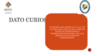 SE ESTIMA QUE ENTRE EL 20 Y 40% DE
LA POBLACION ADULTA DE LA REGION
SUFRE DE HIPERTENSION
PODEMOS DECIR QUE DE CADA 1000
PERSONAS 60 SUFREN DE
HIPERTENSION
 