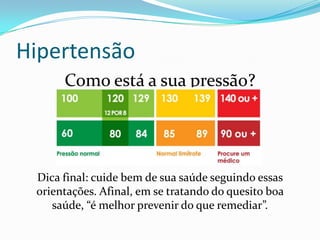 Hipertensão
Como está a sua pressão?
Dica final: cuide bem de sua saúde seguindo essas
orientações. Afinal, em se tratando do quesito boa
saúde, “é melhor prevenir do que remediar”.
 