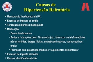 Causas de   Hipertensão Refratária Mensuração inadequada da PA Excesso de ingesta de sódio Terapêutica diurética inadequada  Medicação Doses inadequadas Ações e interações do(s) fármaco(s) (ex.: fármacos anti-inflamatórios  não esteróides, drogas ilícitas, smpaticomimeticos, contraceptivos orais) Fármacos sem prescrição médica e “suplementos alimentares” Excesso de ingesta alcoólica Causes Identificadas de HA 