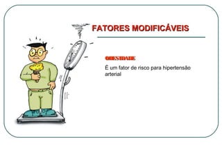 FATORES MODIFICÁVEIS

OBESIDADE
É um fator de risco para hipertensão
arterial

 