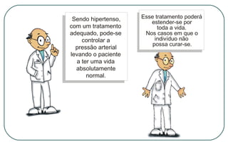 Sendo hipertenso,
com um tratamento
adequado, pode-se
controlar a
pressão arterial
levando o paciente
a ter uma vida
absolutamente
normal.

Esse tratamento poderá
estender-se por
toda a vida.
Nos casos em que o
indivíduo não
possa curar-se.

 