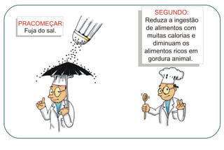 PRACOMEÇAR:
Fuja do sal.

SEGUNDO:
Reduza a ingestão
de alimentos com
muitas calorias e
diminuam os
alimentos ricos em
gordura animal.

 