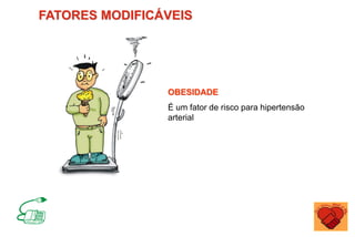FATORES MODIFICÁVEIS
OBESIDADE
É um fator de risco para hipertensão
arterial
 