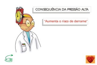 CONSEQUÊNCIA DA PRESSÃO ALT
A
“Aumenta o risco de derrame“
MINISTÉRIO DA SAÚDE
Coordenação de Doenças Crônico-Degenerativas
 