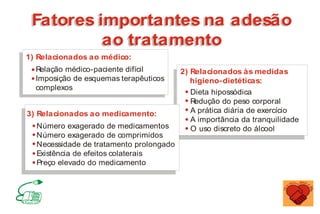 Fatores importantes na adesão
ao tratamento
Fatores importantes na adesão
ao tratamento
2) Relacionados às medidas
higieno-dietéticas:
3) Relacionados ao medicamento:
Dieta hipossódica
R
edução do peso corporal
A prática diária de exercício
A importância da tranquilidade
O uso discreto do álcool
Número exagerado de medicamentos
Número exagerado de comprimidos
Necessidade de tratamento prolongado
Existência de efeitos colaterais
Preço elevado do medicamento
1) Relacionados ao médico:
R
elação médico-paciente difícil
Imposição de esquemas terapêuticos
complexos
MINISTÉRIO DA SAÚDE
Coordenação de Doenças Crônico-Degenerativas
 
