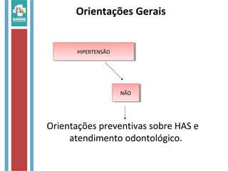 Orientações Gerais
Orientações preventivas sobre HAS e
atendimento odontológico.
HIPERTENSÃOHIPERTENSÃO
NÃONÃO
 