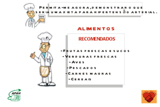 P e r m it a -m e a g o r a , d e m o n s t r a r o q u e
s e r ia u m a d ie t a p a r a h ip e r t e n s ã o a r t e r ia l .


                       AL IM E N T O S
                        RECOMENDADOS

              -Fr u t a s f r e s c a s e s u c o s
               - Ve r d u r a s f r e s c a s
                  - Av e s
                 -Pe s c a d o s
                 -Ca r n e s m a g r a s
                  - C e r e a is
 