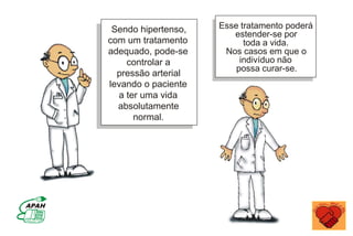 Sendo hipertenso,
com um tratamento
adequado, pode-se
controlar a
pressão arterial
levando o paciente
a ter uma vida
absolutamente
normal.
Esse tratamento poderá
estender-se por
toda a vida.
Nos casos em que o
indivíduo não
possa curar-se.
 