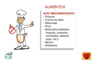 NÃO RECOMENDADOS
- Frituras
- Creme de leite
- Maionese
- Frios
- Embutidos (salsicha,
linguiça, presunto,
mortadela, salame,
copa, etc.)
- Banha
- Enlatados
ALIMENTOS
MINISTÉRIO DA SAÚDE
Coordenação de Doenças Crônico-Degenerativas
 