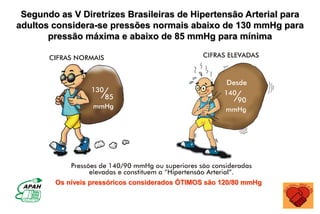 Segundo as V Diretrizes Brasileiras de Hipertensão Arterial para
adultos considera-se pressões normais abaixo de 130 mmHg para
pressão máxima e abaixo de 85 mmHg para mínima
Os níveis pressóricos considerados ÓTIMOS são 120/80 mmHg
 