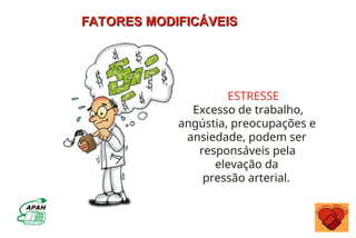 FATORES MODIFICÁVEIS
FATORES MODIFICÁVEIS
ESTRESSE
Excesso de trabalho,
angústia, preocupações e
ansiedade, podem ser
responsáveis pela
elevação da
pressão arterial.
 