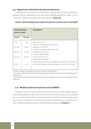 PRESSÃO ARTERIAL	 SEGUIMENTO
INICIAL (mmHg)**	
Sistólica	 Diastólica	
< 130	 < 85	 Reavaliar em 1 ano
		 Estimular mudanças no estilo de vida
130-139	 85-89	 Reavaliar em 6 meses***
		 Insistir em mudanças no estilo de vida
140-159	 90-99	 Confirmar em 2 meses***
		 Considerar MAPA/MRPA
160-179	 100-109	 Confirmar em 1 mês***
		 Considerar MAPA/MRPA
		 Intervenção medicamentosa imediata ou reavaliar em 1 semana***
≥ 180	 ≥ 110	 Intervenção medicamentosa imediata ou reavaliar em 1 semana***
*
Modificar o esquema de seguimento de acordo com a condição clínica do paciente
**
Se as pressões sistólica ou diastólica forem de estágios diferentes,o seguimento recomendado deve ser definido pelo maior
nível de pressão.
***
Considerar intervenção de acordo com a situação clínica do paciente (fatores de risco maiores, co-morbidades e lesão em
órgãos-alvo).
4.5 - Seguimento ambulatorial do paciente hipertenso
A depender dos níveis pressóricos observados, a conduta clínica diante do paciente hi-
pertenso pode ser expectante ou de intervenção imediata, devendo, em todos os casos,
instituir de imediato o tratamento não medicamentoso (Tabela 13).
Tabela 2 - Recomendações para seguimento (prazos máximos para reavaliação)*
4.6 – Medida residencial da pressão arterial (MRPA)
A MRPA consiste em medidas indiretas da pressão arterial, com três medidas pela ma-
nhã antes do desjejum e três à noite antes do jantar, durante cinco dias (ou duas medidas
em cada sessão durante 7 dias) ; realizada pelo próprio paciente ou pessoa treinada, duran-
te a vigília, no domicílio ou no trabalho, com aparelhos validados. São consideradas anor-
mais na MRPA as médias de pressão arterial acima de 135/85mmHg (Tabela 3). 29,30
22
 