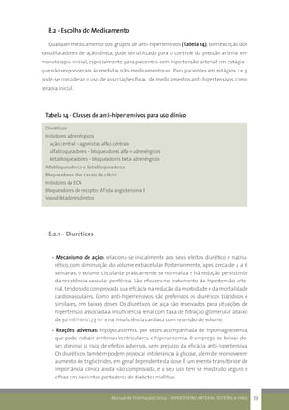 Manual de Orientação Clínica - HIPERTENSÃO ARTERIAL SISTÊMICA (HAS) 39
8.2 - Escolha do Medicamento
Qualquer medicamento dos grupos de anti-hipertensivos (Tabela 14), com exceção dos
vasodilatadores de ação direta, pode ser utilizado para o controle da pressão arterial em
monoterapia inicial, especialmente para pacientes com hipertensão arterial em estágio 1
que não responderam às medidas não-medicamentosas . Para pacientes em estágios 2 e 3,
pode-se considerar o uso de associações fixas de medicamentos anti-hipertensivos como
terapia inicial.
Tabela 14 - Classes de anti-hipertensivos para uso clínico
Diuréticos
Inibidores adrenérgicos
Ação central – agonistas alfa2 centrais
Alfabloqueadores – bloqueadores alfa-1-adrenérgicos
Betabloqueadores – bloqueadores beta-adrenérgicos
Alfabloqueadores e Betabloqueadores
Bloqueadores dos canais de cálcio
Inibidores da ECA
Bloqueadores do receptor AT1 da angiotensina II
Vasodilatadores diretos
8.2.1 – Diuréticos
- Mecanismo de ação: relaciona-se inicialmente aos seus efeitos diurético e natriu-
rético, com diminuição do volume extracelular. Posteriormente, após cerca de 4 a 6
semanas, o volume circulante praticamente se normaliza e há redução persistente
da resistência vascular periférica. São eficazes no tratamento da hipertensão arte-
rial, tendo sido comprovada sua eficácia na redução da morbidade e da mortalidade
cardiovasculares. Como anti-hipertensivos, são preferidos os diuréticos tiazídicos e
similares, em baixas doses. Os diuréticos de alça são reservados para situações de
hipertensão associada a insuficiência renal com taxa de filtração glomerular abaixo
de 30 ml/min/1,73 m2
e na insuficiência cardíaca com retenção de volume.
- Reações adversas: hipopotassemia, por vezes acompanhada de hipomagnesemia,
que pode induzir arritmias ventriculares, e hiperuricemia. O emprego de baixas do-
ses diminui o risco de efeitos adversos, sem prejuízo da eficácia anti-hipertensiva.
Os diuréticos também podem provocar intolerância à glicose, além de promoverem
aumento de triglicérides, em geral dependente da dose. É um evento transitório e de
importância clínica ainda não comprovada, e o seu uso tem se mostrado seguro e
eficaz em pacientes portadores de diabetes mellitus.
 