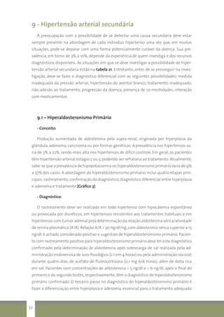 9 - Hipertensão arterial secundária
A preocupação com a possibilidade de se detectar uma causa secundária deve estar
sempre presente na abordagem de cada indivíduo hipertenso uma vez que, em muitas
situações, pode-se deparar com uma forma potencialmente curável da doença. Sua pre-
valência, em torno de 3% a 10%, depende da experiência de quem investiga e dos recursos
diagnósticos disponíveis. As situações em que se deve investigar a possibilidade de hiper-
tensão arterial secundária estão na tabela 21. Entretanto, antes de se prosseguir na inves-
tigação, deve-se fazer o diagnóstico diferencial com as seguintes possibilidades: medida
inadequada da pressão arterial; hipertensão do avental branco; tratamento inadequado;
não-adesão ao tratamento; progressão da doença; presença de co-morbidades; interação
com medicamentos.
9.1 – Hiperaldosteronismo Primário
- Conceito:
Produção aumentada de aldosterona pela supra-renal, originada por hiperplasia da
glândula, adenoma, carcinoma ou por formas genéticas. A prevalência nos hipertensos va-
ria de 3% a 22%, sendo mais alta nos hipertensos de difícil controle. Em geral, os pacientes
têm hipertensão arterial estágio 2 ou 3, podendo ser refratária ao tratamento. Atualmente,
sabe-se que a prevalência de hipopotassemia no hiperaldosteronismo primário varia de 9%
a 37% dos casos. A abordagem do hiperaldosteronismo primário inclui quatro etapas prin-
cipais: rastreamento, confirmação do diagnóstico, diagnóstico diferencial entre hiperplasia
e adenoma e tratamento (Gráfico 3).
- Diagnóstico:
O rastreamento deve ser realizado em todo hipertenso com hipocalemia espontânea
ou provocada por diuréticos, em hipertensos resistentes aos tratamentos habituais e em
hipertensos com tumor adrenal pela determinação da relação aldosterona sérica/atividade
de renina plasmática (A/R). Relação A/R > 30 ng/dl/ng, com aldosterona sérica superior a 15
ng/dl, é achado considerado positivo e sugestivo de hiperaldosteronismo primário. Pacien-
te com rastreamento positivo para hiperaldosteronismo primário deve ter este diagnóstico
confirmado pela determinação de aldosterona após sobrecarga de sal realizada pela ad-
ministração endovenosa de soro fisiológico (2 l em 4 horas) ou pela administração via oral,
durante quatro dias, de acetato de fludrocortisona (0,1 mg 6/6 horas), além de dieta rica
em sal. Pacientes com concentrações de aldosterona > 5 ng/dl e > 6 ng/dl, após o final do
primeiro e do segundo testes, respectivamente, têm o diagnóstico de hiperaldosteronismo
primário confirmado. O terceiro passo no diagnóstico do hiperaldosteronismo primário é
fazer a diferenciação entre hiperplasia e adenoma, essencial para o tratamento adequado
52
 