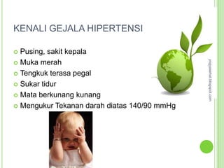 KENALI GEJALA HIPERTENSI

 Pusing, sakit kepala




                                              yogyasehat.blogspot.com
 Muka merah

 Tengkuk terasa pegal

 Sukar tidur

 Mata berkunang kunang

 Mengukur Tekanan darah diatas 140/90 mmHg
 