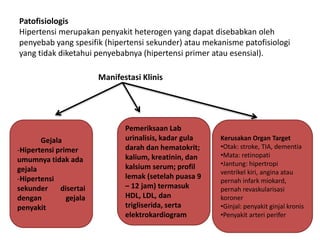 Patofisiologis
Hipertensi merupakan penyakit heterogen yang dapat disebabkan oleh
penyebab yang spesifik (hipertensi sekunder) atau mekanisme patofisiologi
yang tidak diketahui penyebabnya (hipertensi primer atau esensial).
Manifestasi Klinis
Gejala
-Hipertensi primer
umumnya tidak ada
gejala
-Hipertensi
sekunder disertai
dengan gejala
penyakit
Pemeriksaan Lab
urinalisis, kadar gula
darah dan hematokrit;
kalium, kreatinin, dan
kalsium serum; profil
lemak (setelah puasa 9
– 12 jam) termasuk
HDL, LDL, dan
trigliserida, serta
elektrokardiogram
Kerusakan Organ Target
•Otak: stroke, TIA, dementia
•Mata: retinopati
•Jantung: hipertropi
ventrikel kiri, angina atau
pernah infark miokard,
pernah revaskularisasi
koroner
•Ginjal: penyakit ginjal kronis
•Penyakit arteri perifer
 