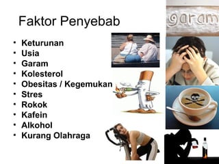 Faktor Penyebab
• Keturunan
• Usia
• Garam
• Kolesterol
• Obesitas / Kegemukan
• Stres
• Rokok
• Kafein
• Alkohol
• Kurang Olahraga
 