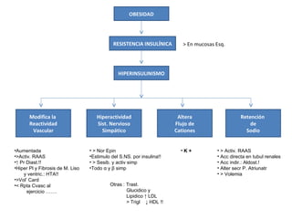 OBESIDAD RESISTENCIA INSULÍNICA HIPERINSULINISMO Modifica la  Reactividad Vascular Hiperactividad Sist. Nervioso Simpático Altera Flujo de Cationes Retención  de Sodio Aumentada >Activ. RAAS ↑  Pr Diast.!! Hiper Pl y Fibrosis de M. Liso  y ventric.: HTA!! >Vol’ Card < Rpta Cvasc al  ejercicio ……. > Nor Epin Estimulo del S.NS. por insulina!! > Sesib. y activ simp Todo  α  y  β  simp  > Activ. RAAS Acc directa en tubul renales Acc indir.: Aldost.! Alter secr P. Atriunatr > Volemia  K + Otras : Trast. Glucidico y Lipidico  ↑ LDL > Trigl  ↓ HDL !! > En mucosas Esq. 