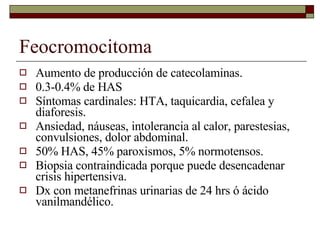 Feocromocitoma Aumento de producción de catecolaminas. 0.3-0.4% de HAS Síntomas cardinales: HTA, taquicardia, cefalea y diaforesis. Ansiedad, náuseas, intolerancia al calor, parestesias, convulsiones, dolor abdominal. 50% HAS, 45% paroxismos, 5% normotensos. Biopsia contraindicada porque puede desencadenar crisis hipertensiva. Dx con metanefrinas urinarias de 24 hrs ó ácido vanilmandélico. 