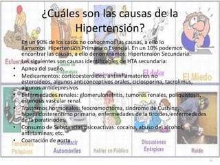 ¿Cuáles son las causas de la
Hipertensión?
En un 90% de los casos no conocemos las causas, a ello lo
llamamos Hipertensión Primaria o Esencial. En un 10% podemos
encontrar las causas, a ello denominamos: Hipertensión Secundaria.
Las siguientes son causas identificables de HTA secundaria:
• Apnea del sueño.
• Medicamentos: corticoesteroides, antiinflamatorios no
esteroideos, algunos anticonceptivos orales, ciclosporina, tacrolimus,
algunos antidepresivos
• Enfermedades renales: glomerulonefritis, tumores renales, poliquistosis,
estenosis vascular renal.
• Trastornos hormonales: feocromocitoma, síndrome de Cushing,
hiperaldosterenismo primario, enfermedades de la tiroides, enfermedades
de la paratiriodes.
• Consumo de Substancias psicoactivas: cocaína, abuso del alcohol,
anfetaminas; etc.
• Coartación de aorta.
 