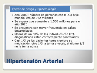 Hipertensión Arterial
• Año 2000: número de personas con HTA a nivel
mundial era de 972 millones
• Se espera que aumente a 1.560 millones para el
año 2025
• Se encuentra con mayor frecuencia en países
desarrollados
• Menos de un 50% de los individuos con HTA
diagnosticada están correctamente controlados
• Casi 1/3 de los pacientes toma siempre su
medicación, otro 1/3 la toma a veces, el último 1/3
no la toma nunca
Factor de riesgo y Epidemiología
 