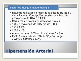 Hipertensión Arterial
• Estudios realizados a fines de la década de los 80
en la RM y en Concepción, mostraron cifras de
prevalencia de HTA DE 18%
• Cifras más elevadas en poblados rurales
• 1986 prevalencia de HTA era de 8.8 %
• 1999 11%
• 2003 25%
• Aumento de un 90% en los últimos 5 años
• ENS: Prevalencia de HTA de 33,4 %, mujer
30,8% y hombre 36,7%
Factor de riesgo y Epidemiología
 