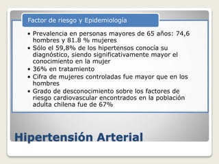 Hipertensión Arterial
• Prevalencia en personas mayores de 65 años: 74,6
hombres y 81.8 % mujeres
• Sólo el 59,8% de los hipertensos conocía su
diagnóstico, siendo significativamente mayor el
conocimiento en la mujer
• 36% en tratamiento
• Cifra de mujeres controladas fue mayor que en los
hombres
• Grado de desconocimiento sobre los factores de
riesgo cardiovascular encontrados en la población
adulta chilena fue de 67%
Factor de riesgo y Epidemiología
 