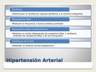 Hipertensión Arterial
•Disminuyen la resistencia vascular periférica y el volumen sanguíneo
Diuréticos
•Reducen la frecuencia y fuerza cardiaca contráctil
Bloqueadores Beta
•Realizan su acción bloqueando los receptores Beta 1 cardíacos,
evitando los receptores Beta 2 de los bronquiolos
Bloqueadores Beta Cardioselectivos
•Retardan el sistema renina-angiotensina
Inhibidores de la ECA
 