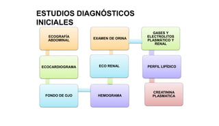 ECOGRAFÍA
ABDOMINAL
ECOCARDIOGRAMA
FONDO DE OJO HEMOGRAMA
CREATININA
PLASMATICA
EXAMEN DE ORINA
GASES Y
ELECTROLITOS
PLASMÁTICO Y
RENAL
ECO RENAL PERFIL LIPÍDICO
ESTUDIOS DIAGNÓSTICOS
INICIALES
 