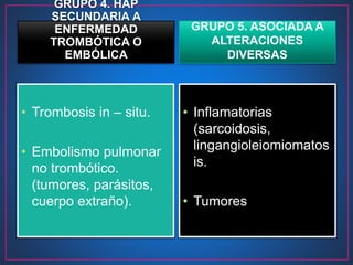 GRUPO 4. HAP
SECUNDARIA A
ENFERMEDAD
TROMBÓTICA O
EMBÓLICA
• Trombosis in – situ.
• Embolismo pulmonar
no trombótico.
(tumores, parásitos,
cuerpo extraño).
GRUPO 5. ASOCIADA A
ALTERACIONES
DIVERSAS
• Inflamatorias
(sarcoidosis,
lingangioleiomiomatos
is.
• Tumores
 