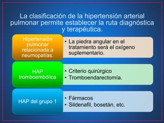 La clasificación de la hipertensión arterial
pulmonar permite establecer la ruta diagnóstica
y terapéutica.
• La piedra angular en el
tratamiento será el oxígeno
suplementario.
Hipertensión
pulmonar
relacionada a
neumopatías.
• Criterio quirúrgico
• Tromboendarectomía.
HAP
tromboembólica
• Fármacos
• Sildenafil, bosetán, etc.
HAP del grupo 1
 