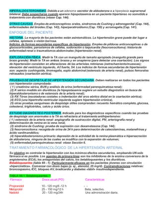 HIPERALDOSTERONISMO. Debido a un adenoma secretor de aldosterona o a hiperplasia suprarrenal
bilateral. Debe sospecharse cuando aparece hipopotasemia en un paciente hipertenso no sometido a
tratamiento con diuréticos (véase Cap. 144).
OTRAS CAUSAS. Empleo de anticonceptivos orales, síndromes de Cushing y adrenogenital (Cap. 144),
enfermedades del tiroides (Cap. 143), hiperparatiroidismo (Cap. 150) y acromegalia (Cap. 141).
ENFOQUE DEL PACIENTE
HISTORIA. La mayoría de los pacientes están asintomáticos. La hipertensión grave puede dar lugar a
cefalea, epistaxis o visión borrosa.
Indicios de formas secundarias específicas de hipertensión. Empleo de píldoras anticonceptivas o de
glucocorticoides; paroxismos de cefalea, sudoración o taquicardia (feocromocitoma): historia de
enfermedad renal o traumatismos abdominales (hipertensión renal).
EXPLORACIÓN FÍSICA. Medir la TA con un manguito de tamaño apropiado (manguito grande para
brazo grande). Medir la TA en ambos brazos y en unapierna (para detectar una coartación). Los signos
de hipertensión consisten en alteraciones de las arteriolas retinianas (estrechamiento/muescas);
elevación del ventrículo izquierdo, A2 fuerte, S4. Los indicios de formas secundarias de hipertensión
son: aspecto cushingoide, tiromegalia, soplo abdominal (estenosis de arteria renal), pulsos femorales
retrasados (coartación aórtica).
PRUEBAS DE DESPISTAJE DE HIPERTENSIÓN SECUNDARIA. Deben realizarse en todos los pacientes
con hipertensión comprobada:
( 1 ) creatinina sérica, BUN y análisis de orina (enfermedad parenquimatosa renal);
(2) K sérico medido sin diuréticos (la hipopotasemia sugiere un estudio diagnóstico en busca de
hiperaldosteronismo o de estenosis de la arteria renal);
(3) RX Tórax (escotaduras costales o indentación del arco aórtico distal en la coartación aórtica);
(4) ECG (una hipertrofia ventricular izquierda sugiere hipertensión crónica),
(5) otras pruebas sanguíneas de despistaje útiles comprenden: recuento hemático completo, glucosa,
colesterol, triglicéridos, calcio y ácido úrico.
ESTUDIO DIAGNÓSTICO POSTERIOR. Indicado para los diagnósticos específicos cuando las pruebas
de despistaje son anormales o la TA es refractaria al tratamiento antihipertensivo:
( 1 ) estenosis de la arteria renal: angiografía de sustracción digital, PIV, arteriografía renal y
determinación de renina en la vena renal,
(2) síndrome de Cushing: prueba de supresión con dexametasona (Cap. 144);
(3) feocromocitoma: recogida de orina de 24 h para determinación de catecolaminas, metanefrinas y
ácido vanilmandélico;
(4) hiperaldosteronismo primario: depresión de la actividad de la renina plasmática e hipersecreción
de aldosterona, ninguna de las cuales se modifica con la expansión de volumen;
(5) enfermedad parenquimatosa renal: véase Sección 6.
TRATAMIENTO FARMACOLÓGICO DE LA HIPERTENSIÓN ARTERIAL
Su objetivo es controlar la hipertensión con los mínimos efectos secundarios, empleando UN solo
fármaco si es posible. Los agentes de primera línea son los inhibidores de la enzima conversora de la
angiotensina (ECA), los antagonistas del calcio, los betabloqueantes y los diuréticos.
Betabloqueantes (tabla 69 - 1): Particularmente eficaces en los pacientes jóvenes con circulación
«hipercinética». Comenzar con dosis bajas (p. ej., atenolol, 25 mg/d). Contraindicaciones relativas:
broncospasmo, ICC, bloqueo AV, bradicardia y diabetes «lábil» insulinodependiente.
TABLA 69.1. Betabloqueantes. *
Fármaco Dosis usual (PO) Características
Propranolol 10 - 120 mg/6 -12 h - -
Metoprolol 25 - 150 mg/12 h Beta, selectivo.
Nadolol 20 - 120 mg/24h Una administración diaria.
 