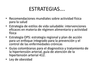 ESTRATEGIAS…. 
• Recomendaciones mundiales sobre actividad física 
para la salud 
• Estrategia de estilos de vida saludable: intervenciones 
eficaces en materia de régimen alimentario y actividad 
física 
• Estrategia OPS: estrategia regional y plan de acción 
para un enfoque integrado para la prevención y el 
control de las enfermedades crónicas 
• Guías colombianas para el diagnostico y tratamiento de 
la hipertensión arterial, guía de atención de la 
hipertensión arterial 412. 
• Ley de obesidad 
 