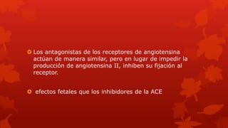  Los antagonistas de los receptores de angiotensina
actúan de manera similar, pero en lugar de impedir la
producción de angiotensina II, inhiben su fijación al
receptor.
 efectos fetales que los inhibidores de la ACE
 
