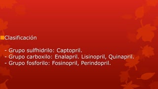 Clasificación
- Grupo sulfhidrilo: Captopril.
- Grupo carboxilo: Enalapril. Lisinopril, Quinapril.
- Grupo fosforilo: Fosinopril, Perindopril.
 