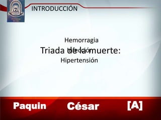 INTRODUCCIÓN



           Hemorragia
     Triada Infección
            de la muerte:
          Hipertensión




Paquin      César           [A]
 