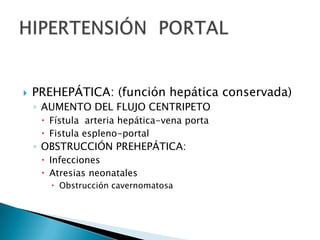 PREHEPÁTICA: (función hepática conservada)AUMENTO DEL FLUJO CENTRIPETOFístula  arteria hepática-vena portaFistula espleno-portalOBSTRUCCIÓN PREHEPÁTICA:InfeccionesAtresias neonatalesObstrucción cavernomatosaHIPERTENSIÓN  PORTAL