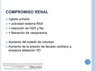 COMPROMISO RENAL
 <gasto urinario
 > actividad sistema RAA
 > retención de H2O y Na
 > liberación de vasopresina
 Aumento del estado de volumen
 Aumento de la presión de llenado cardiaco q
empeora dilatación VD
 