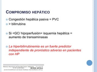 COMPROMISO HEPÁTICO
 Congestión hepática pasiva = PVC
 > bilirrubina
 Si <GC/ hipoperfusión= isquemia hepática =
aumento de transaminasas
 La hiperbilirrubinemia es un fuerte predictor
independiente de pronóstico adverso en pacientes
con HP
 