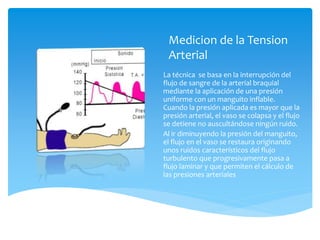 Medicion de la Tension
Arterial
La técnica se basa en la interrupción del
flujo de sangre de la arterial braquial
mediante la aplicación de una presión
uniforme con un manguito inflable.
Cuando la presión aplicada es mayor que la
presión arterial, el vaso se colapsa y el flujo
se detiene no auscultándose ningún ruido.
Al ir diminuyendo la presión del manguito,
el flujo en el vaso se restaura originando
unos ruidos característicos del flujo
turbulento que progresivamente pasa a
flujo laminar y que permiten el cálculo de
las presiones arteriales
 