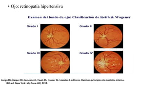 • Ojo: retinopatía hipertensiva
Longo DL, Kasper DL, Jameson JL, Fauci AS, Hauser SL, Loscalzo J, editores. Harrison principios de medicina interna.
18th ed. New York: Mc Graw-Hill; 2012.
 